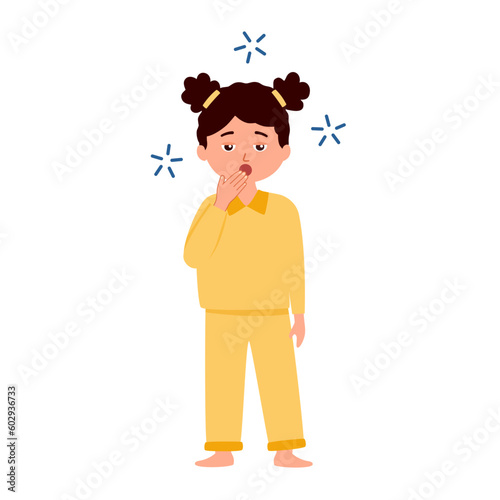 Girl kids yawning in flat design on white background. Sleepy child want to sleep.