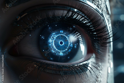 Digitally Enhanced Eye Illustration Infused with Artificial Intelligence, In Timeless Beauty Blue. Generative AI