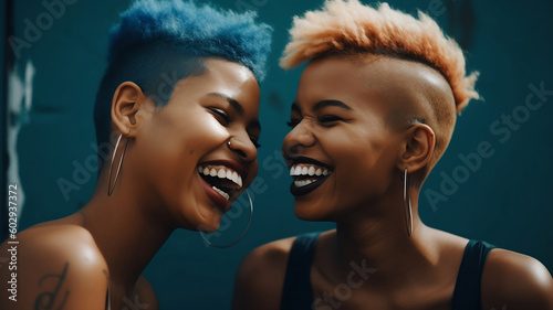 Two afro women in blue and orange hair are laughing together on a blue background, generative ai photo