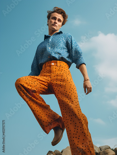A man in bight orange bell pants blue porka dot shirt  in the style of neo pop sensibility, clear blue sky background, generative ai