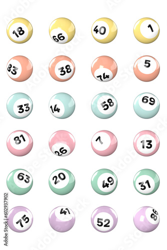 Collection of pastel multi coloured bingo balls in PNG format. 3D rendered bingo balls.