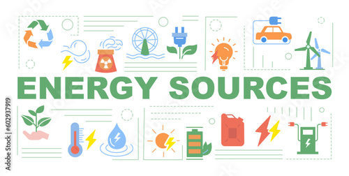 Energy sources banner with text. Recycling and reuse. Nuclear and hydro electric power plant. Windmill and fuel  gas and gasoline  oil. Flat vector illustrations isolated on white background