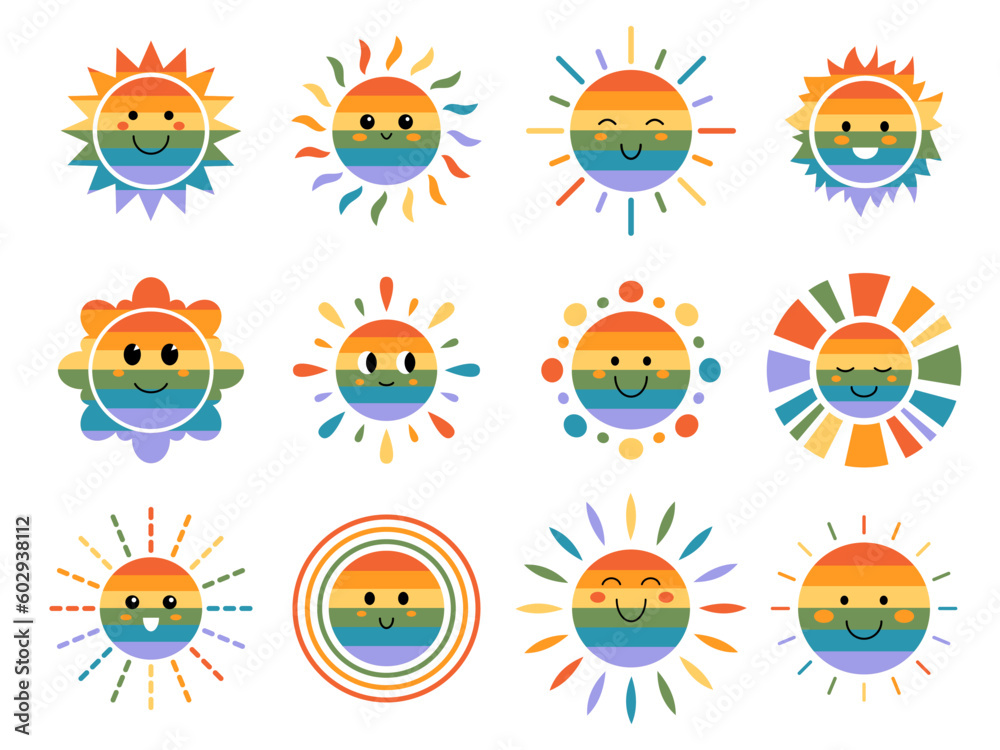Vector set of LGBT funny suns with faces. Cute summer pride month sunshine emoji. LGBT collection of rainbow childish sunny emoticons. Smiling baby sun with sunbeams. LGBTQ design.