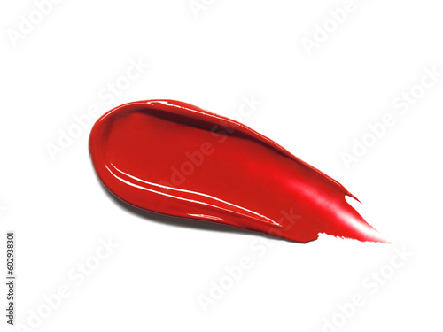 Red lipstick glossy texture, texture stroke isolated on white background. Cosmetic product swatch