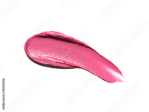 Pink lipstick shimmering texture, texture stroke isolated on white background. Cosmetic product swatch photo
