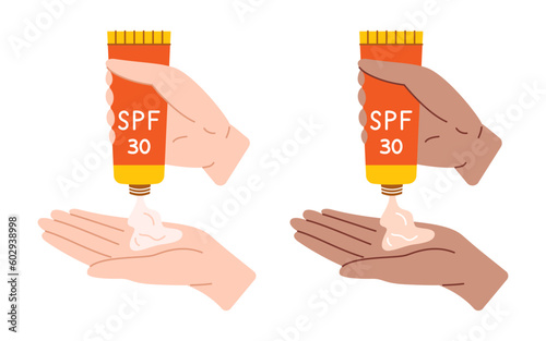 Two hands squeezing cream from a sunscreen tube onto a palm. Vector summer skincare illustration. Black and white arms using sunblock cream. Dark and light skin women using lotions with SPF.