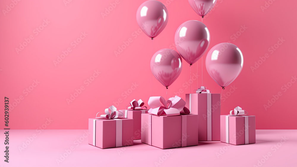 Presents, gift boxes and balloons. Happy birthday, Valentine's day, Anniversary concept. Empty space, for text or logo. Ai Generative illustration