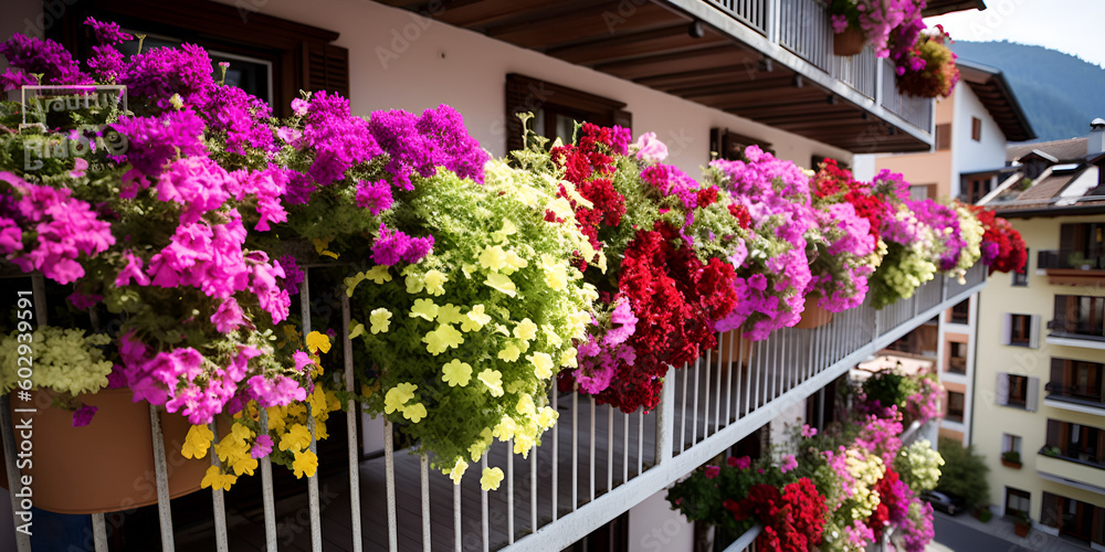 Traditional flowered balcony at the Alps and Dolomites. Colorful flowers on balcony. Summer time. Mix of flowers and colors. General contest of the European Alps 
