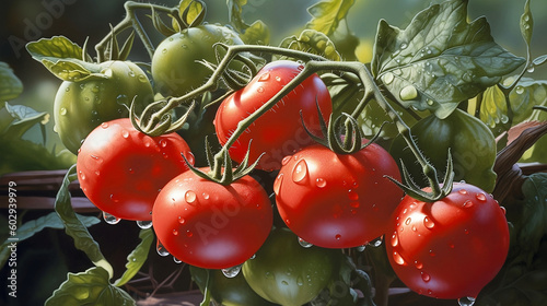 Fresh tomatoes hang on the panicle with water drops, AI generated