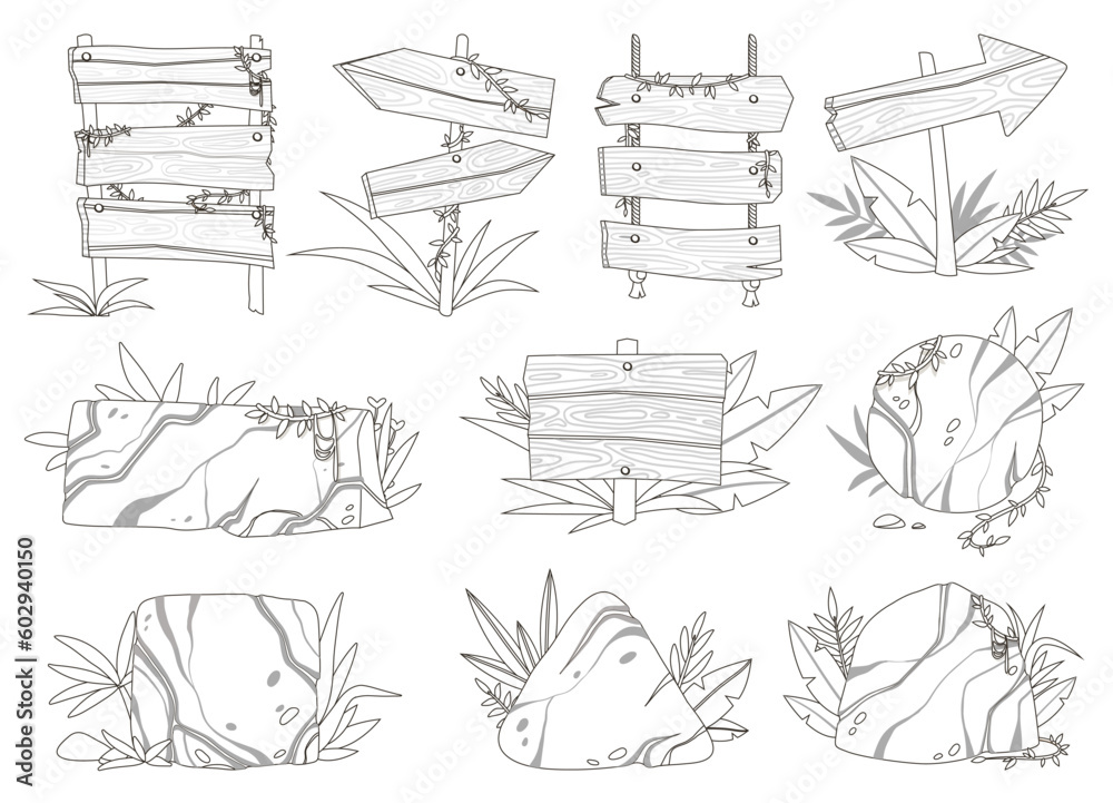 Linear signboards set. Collection of jungle panels. Direction and navigation in rainforest. Road signs and wooden plates, rocks and leaves. Flat vector illustrations isolated on white background Linear signboards set. Collection of jungle panels. Direction and navigation in rainforest. Road signs and wooden plates, rocks and leaves. Flat vector illustrations isolated on white background