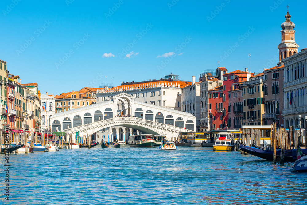 Stunning view of the Grand Canal of Venice, view of the Lagoon near The Rialto bridge in a sunny weather with clear sky, Italy
