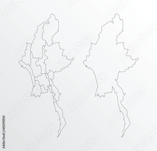 Black Outline vector Map of Myanmar with regions on white background