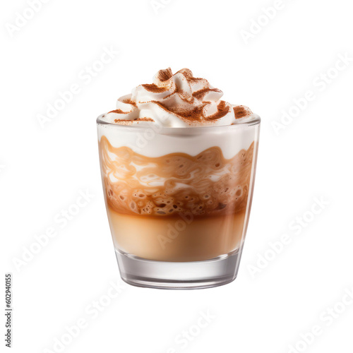 Chocolate or coffee with whipped cream isolated on transparent background, hot beverage in a glass mug, PNG, Generative AI