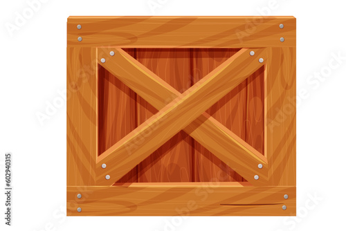 Wooden box, delivery container in cartoon style, game asset isolated on white background. Wood packing, open textured.
