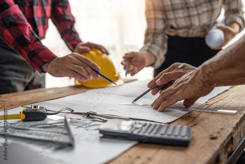 team engineer checks construction blueprints on new project with engineering tools at desk in office