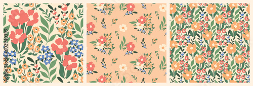 Seamless floral pattern, cute ditsy print with hand drawn flora in set. Pretty botanical design: meadow plants, wild flowers, leaves on a white and pink background. Vector illustration.