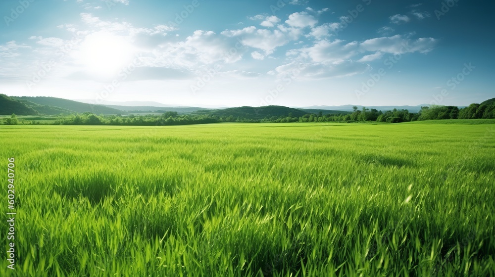 Idyllic landscape with blooming meadows in springtime. Generative AI. Idyllic landscape with blooming meadows in springtime. Generative AI.