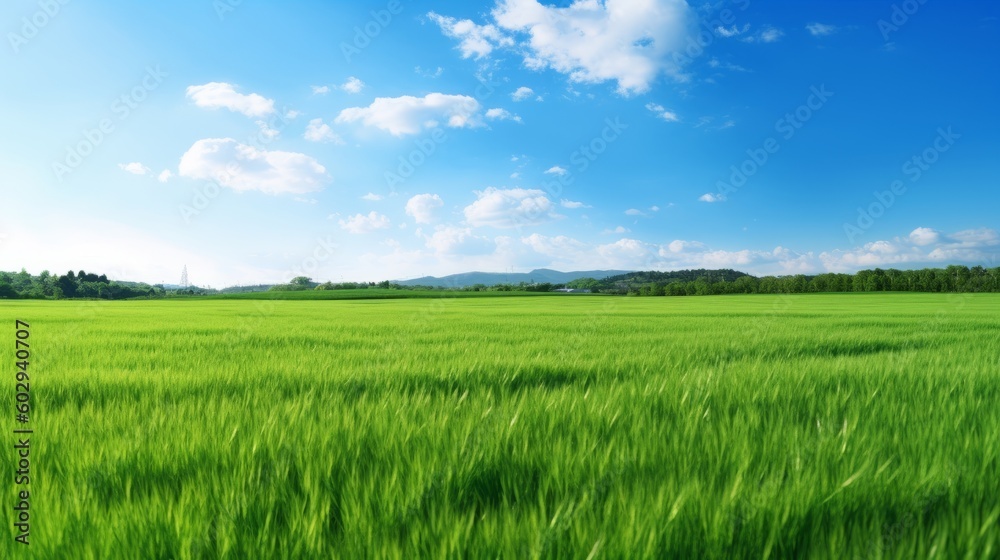 Idyllic landscape with blooming meadows in springtime. Generative AI. Idyllic landscape with blooming meadows in springtime. Generative AI.