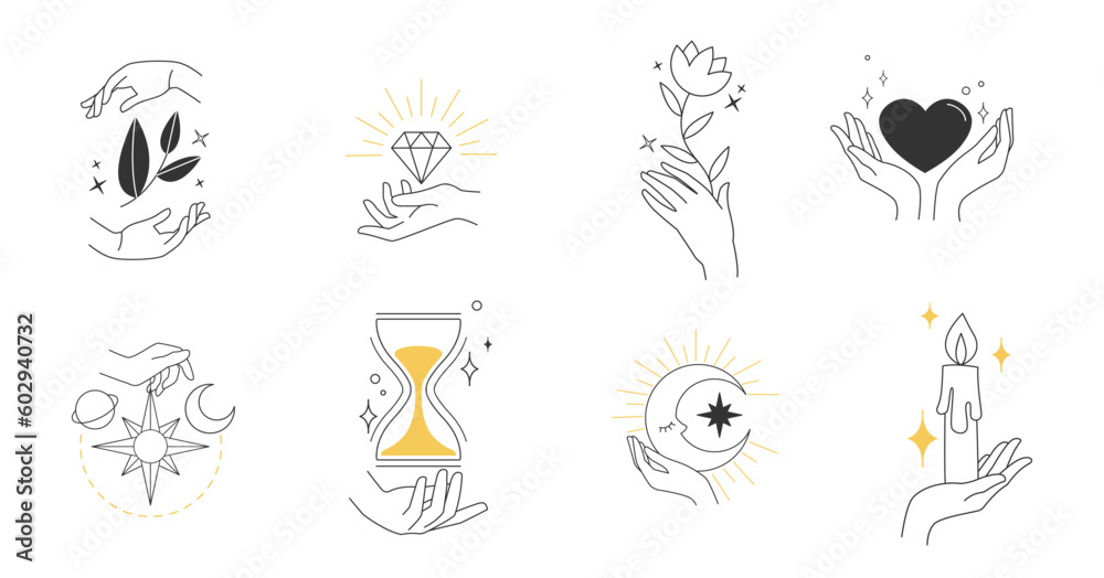 Set of bohemian logos. Hands with plants, star and planet, candle and heart. Mysticism and occultism, religion. Sacred ritual, esoterics. Flat vector illustrations isolated on white background