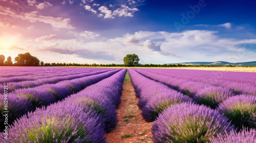 Stunning landscape with lavender field. Generative AI.