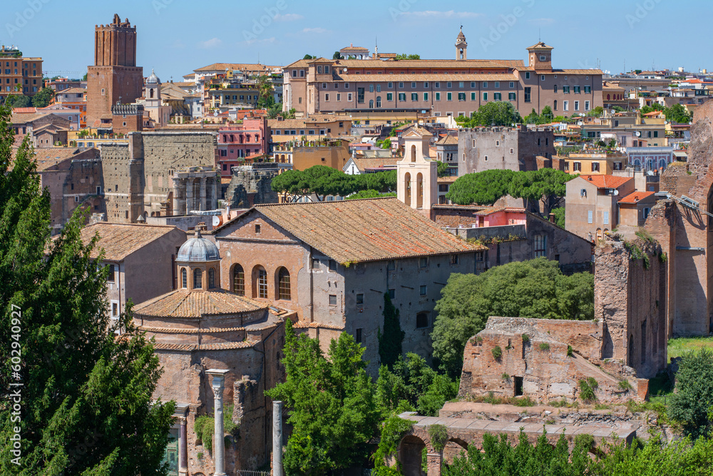 View of Rome with stone pines. Beautiful Italy city landscape.
