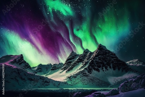 Northern lights. The northern lights are green and purple. AI generated