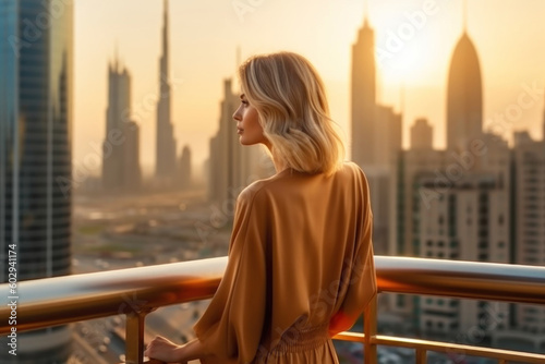 Foto Stylish and rich blonde woman enjoying Dubai skyline with skyscrapers architecture from luxury hotel