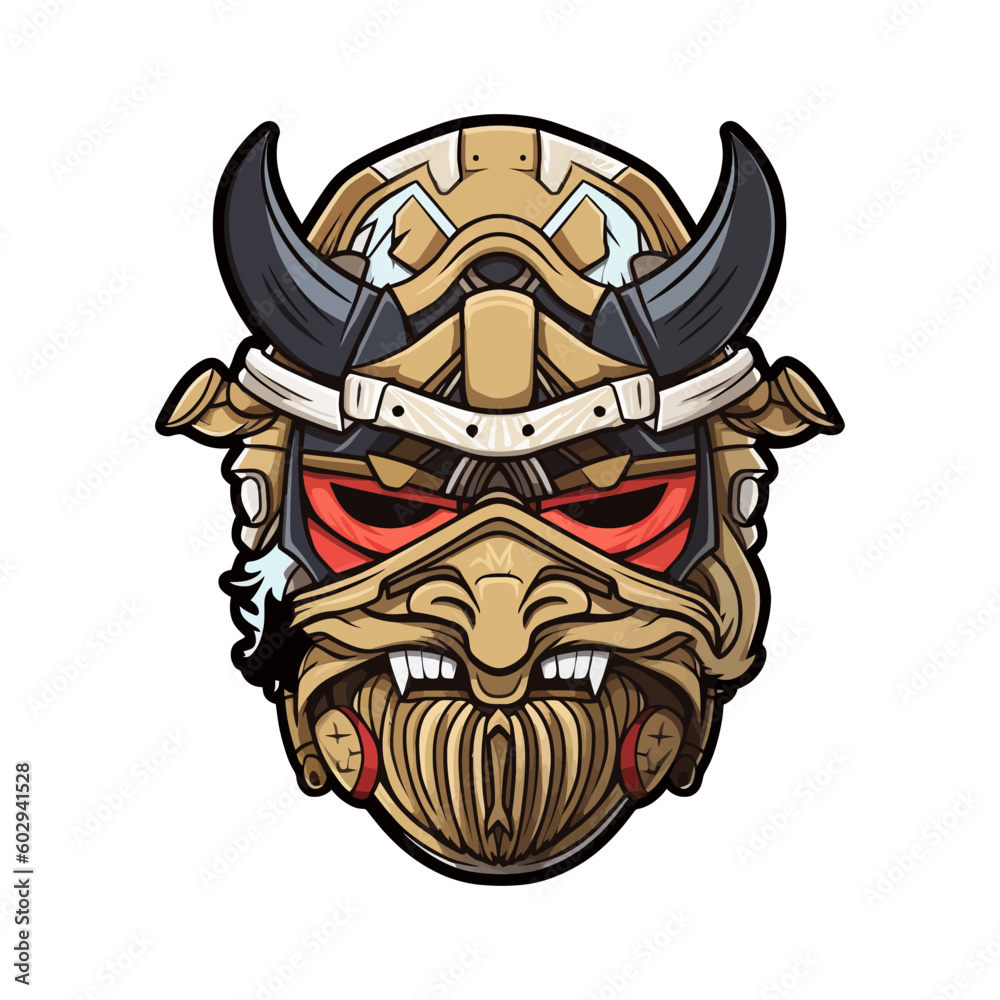 Viking warrior head with horned helmet isolated on white. Vector illustration