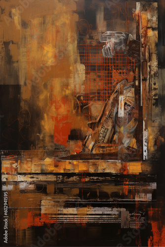 Industrial Opus  A Captivating Fusion of Collages and Paint in Large Canvas Paintings with Orange and Sepia Hues AI generated