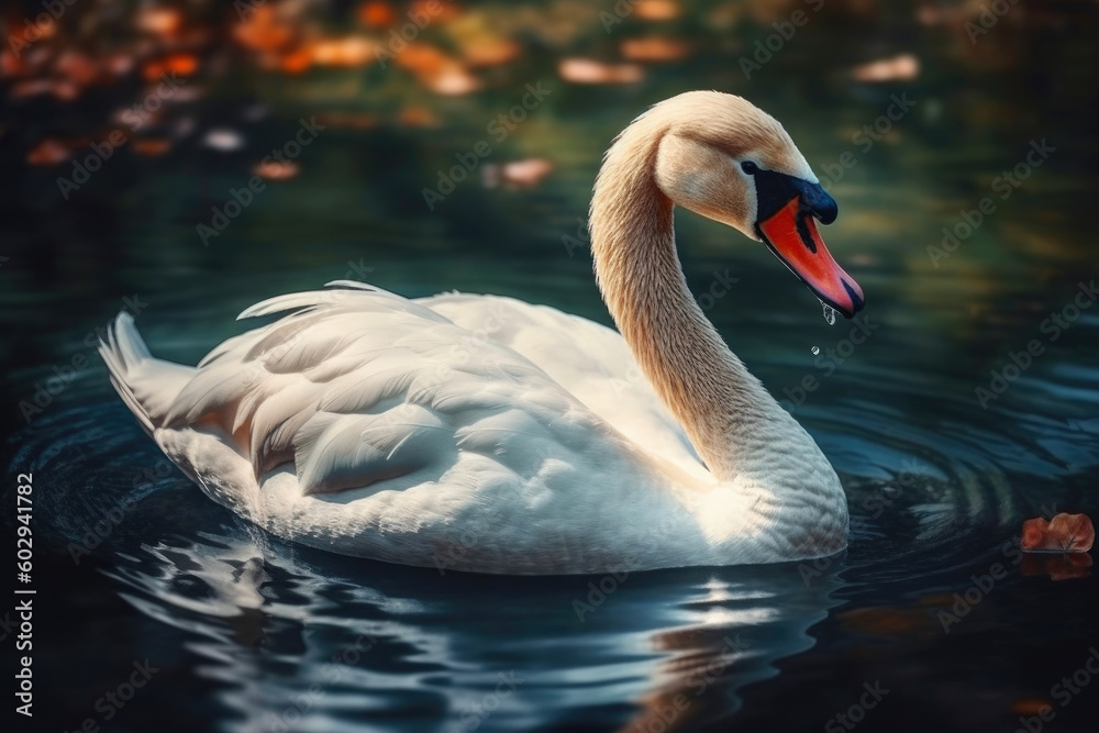 Fototapeta premium White swan swimming at lake. Generative AI