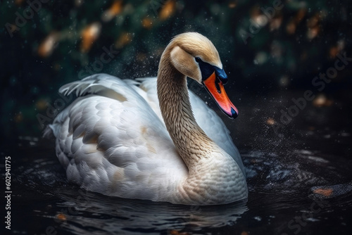Beautiful swan in the magic pond. Generative AI