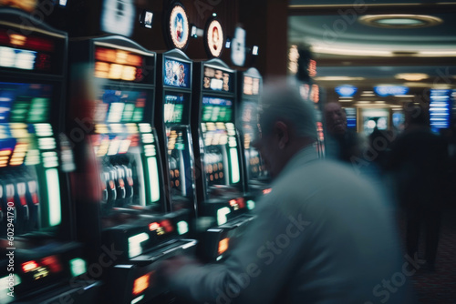 Blurred photo of a casino, people playing slot machines. Generative AI