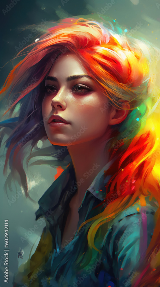 Woman with rainbow hair, digital art. Generative AI