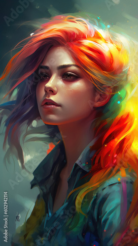 Woman with rainbow hair  digital art. Generative AI