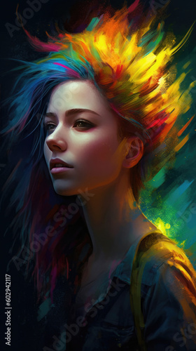 Beautiful Woman Emerging from Splashing Multi-Color Oil Paint. Generative AI