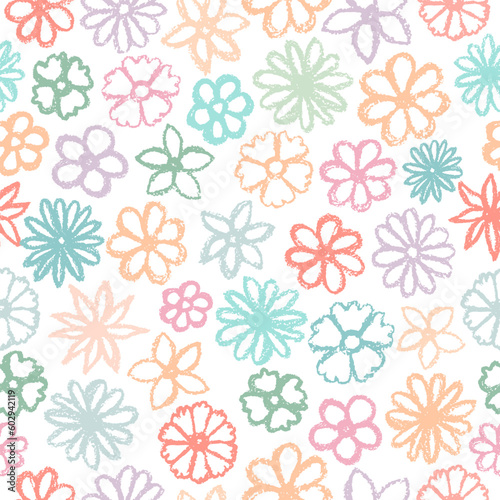 Flowers chalk pattern. Children crayon drawing style color flower. Freehand flower print. Hand drawn wax crayons art on black background. Isolated chalk style flowers. Pastel sketch flowers, leaves. 
