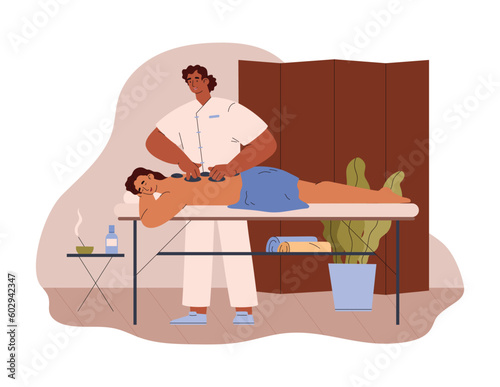 Masseur uses hot stones during massage, spa and relaxation - flat vector illustration isolated on white background.