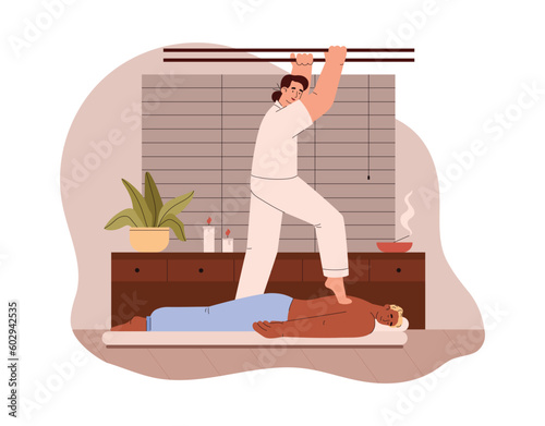Massage therapists massaging client back with legs, flat vector illustration isolated on white background.
