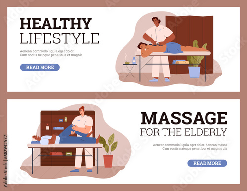 Massage therapy advertising web banners set, flat vector illustration.