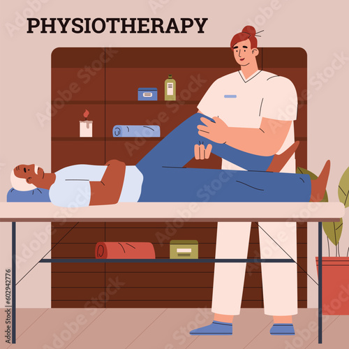 Physiotherapy for elderly people, poster template - flat vector illustration.