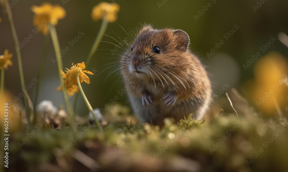 Photo of meadow vole, captured in exquisite detail as it scurries through a field of wildflowers, showcasing its adorable features and swift movements. Generative AI Photo of meadow vole, captured in exquisite detail as it scurries through a field of wildflowers, showcasing its adorable features and swift movements. Generative AI
