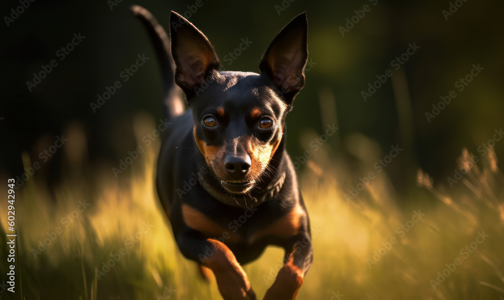 Photo of Miniature Pinscher, captured in motion as it energetically chases after a ball in a grassy park. The image showcases the breed's playful and athletic nature. Generative AI Photo of Miniature Pinscher, captured in motion as it energetically chases after a ball in a grassy park. The image showcases the breed's playful and athletic nature. Generative AI