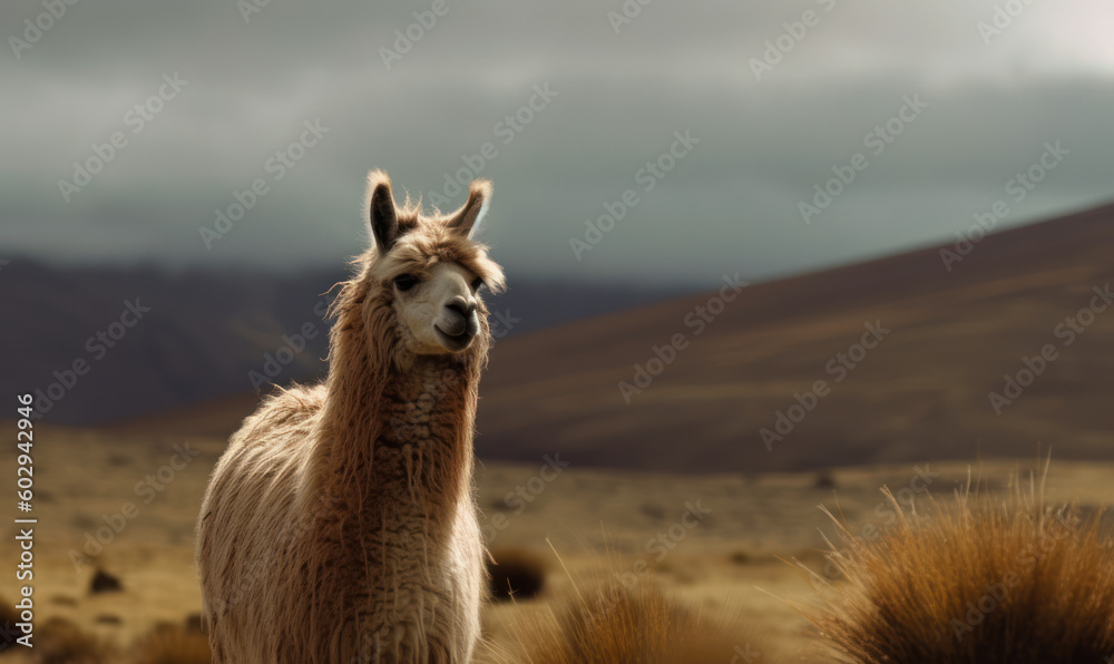 Photo of Llama, majestically standing atop a windswept Andean plateau, its thick coat ruffling in the breeze. image captures the essence of the llama's grace and resilience. Generative AI