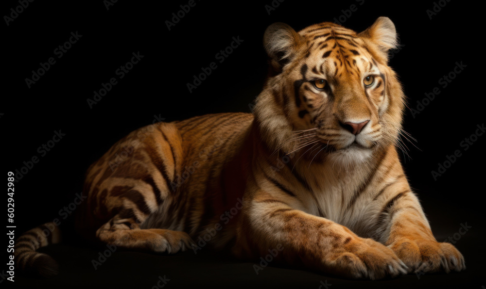 photo of liger (hybrid of lion and tiger) on black background. Generative AI
