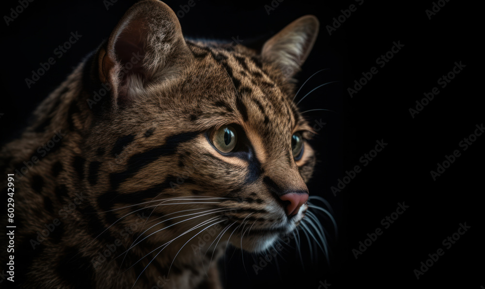 closeup photo of marbled cat on black background. Generative AI closeup photo of marbled cat on black background. Generative AI