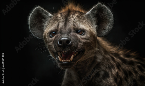 photo of laughing hyena isolated on black background. Generative AI