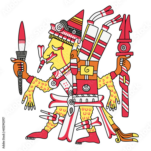 Xipe Totec, Xipetotec, Aztec god of ritual flaying and agriculture, lord of seasons, regeneration and crafts, ruler of the East. Our Lord the Flayed One, depicted red beneath the flayed skin he wears.