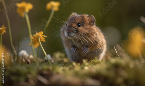 Photo of meadow vole  captured in exquisite detail as it scurries through a field of wildflowers  showcasing its adorable features and swift movements. Generative AI