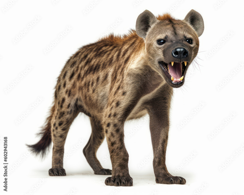 Photo of laughing hyena isolated on white background. Generative AI Photo of laughing hyena isolated on white background. Generative AI