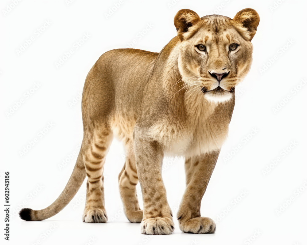 photo of liger (hybrid of lion and tiger)  isolated on white background. Generative AI